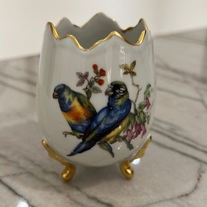 Limoges France Porcelain Parrot 3 Footed Cracked Egg Vase Gold Trim Floral
